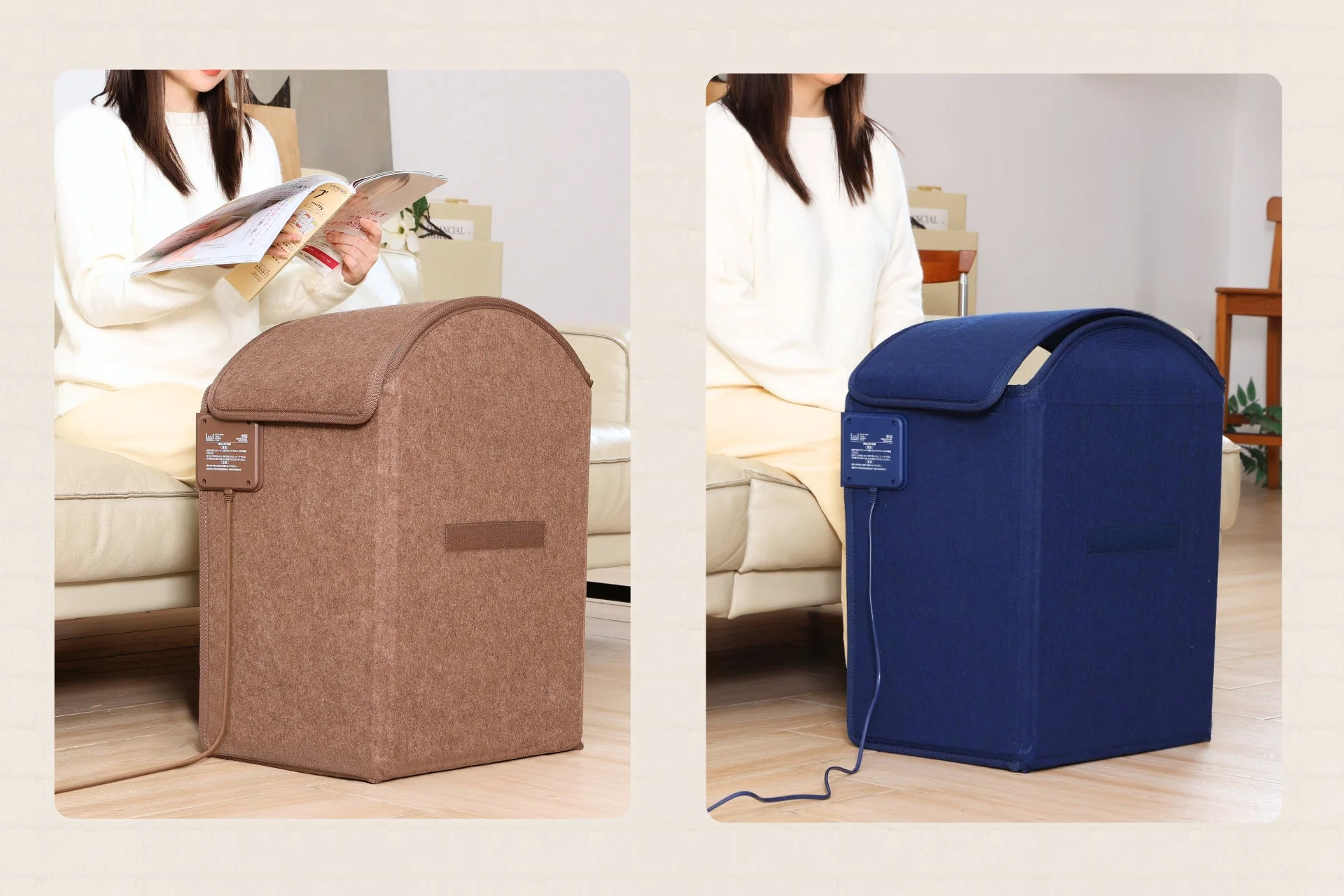 女性がソファに座って本を読みながらフットウォーマーを使用