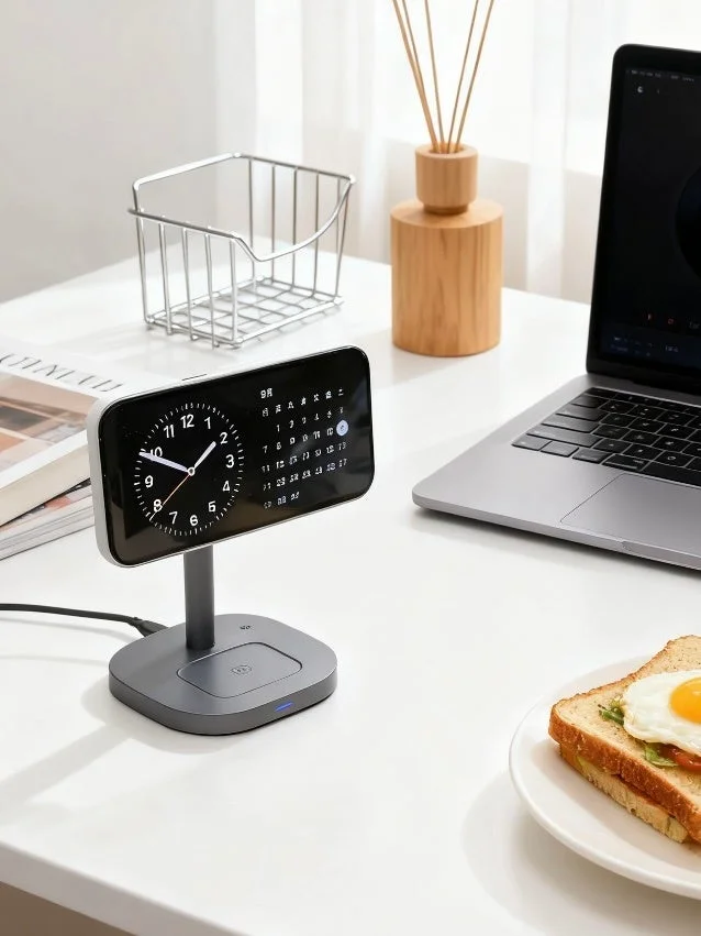 デスクに置かれた3in1ワイヤレス充電器と朝食
