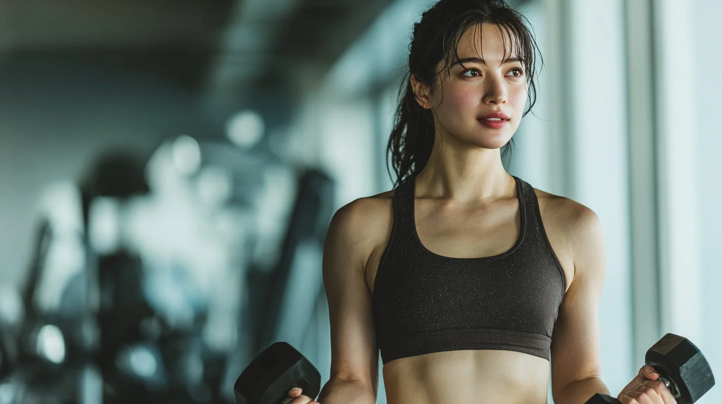 ジムでダンベルを使ってトレーニングに励む若い女性