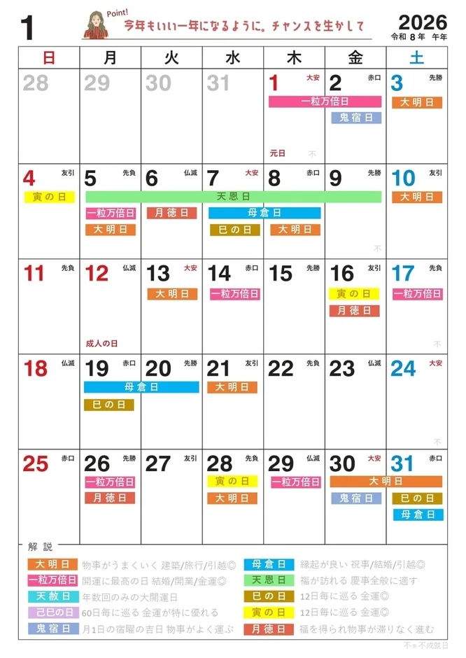 2026年1月カレンダー詳細
