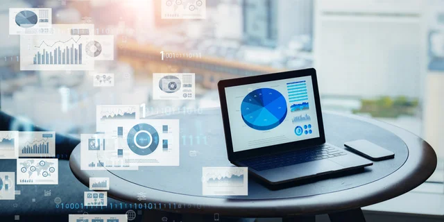 データ分析、ビジネス、テクノロジー、グラフ、チャート、デジタル、ノートパソコン、スマートフォン、オフィス、統計、情報、DX