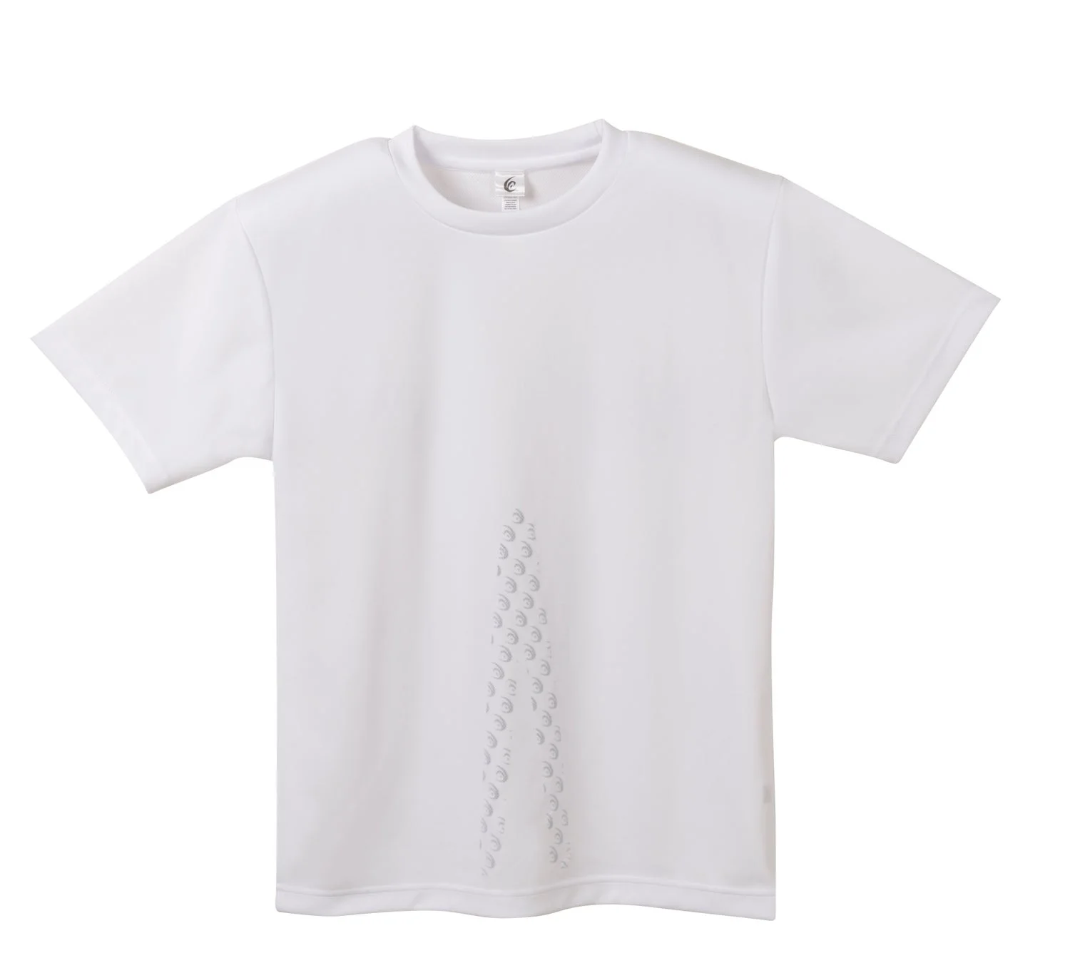 白い背景に、シンプルなデザインの白い半袖Tシャツが正面から撮影されています。襟元には小さなロゴマークがあり、Tシャツの右側には縦に並んだ模様が薄くプリントされています。