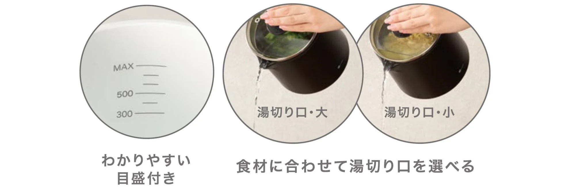 目盛と湯切り口の機能