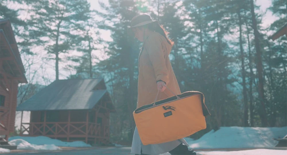 雪景色の中の女性とバッグ