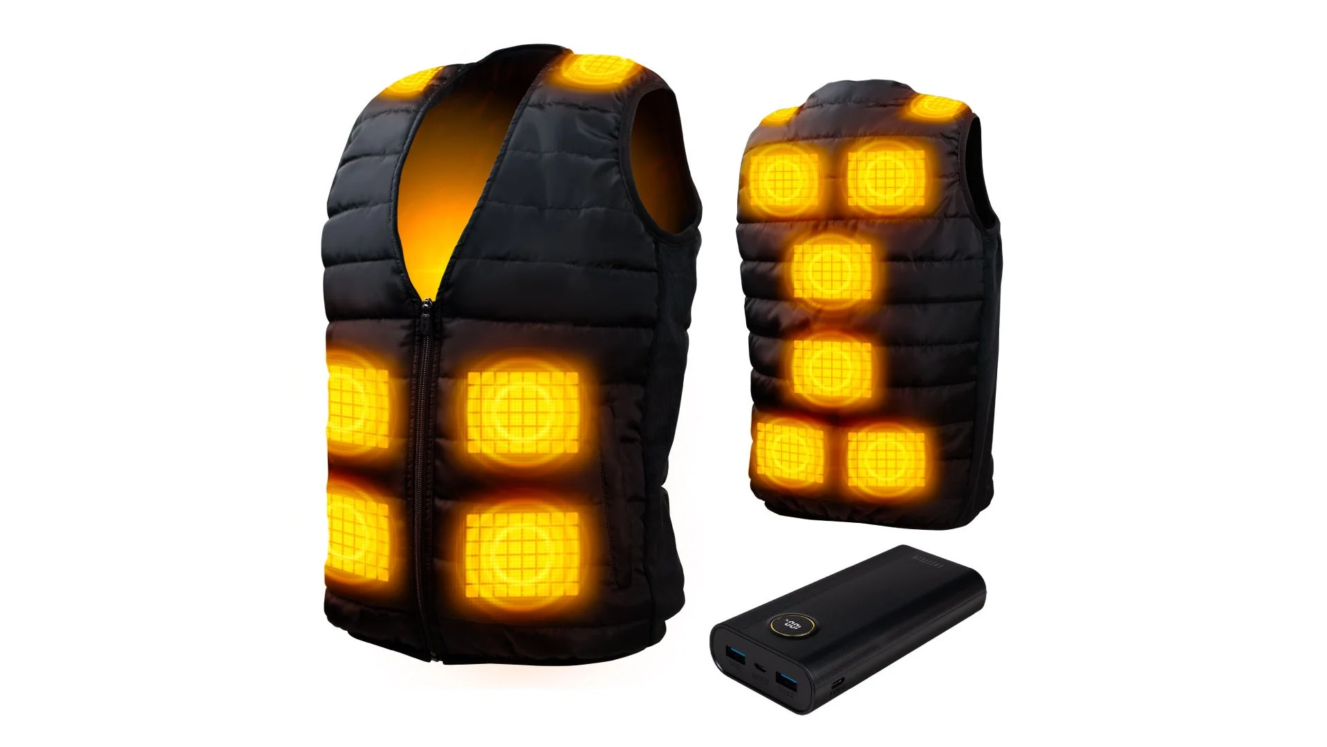 電熱ベストの前面、背面、モバイルバッテリー