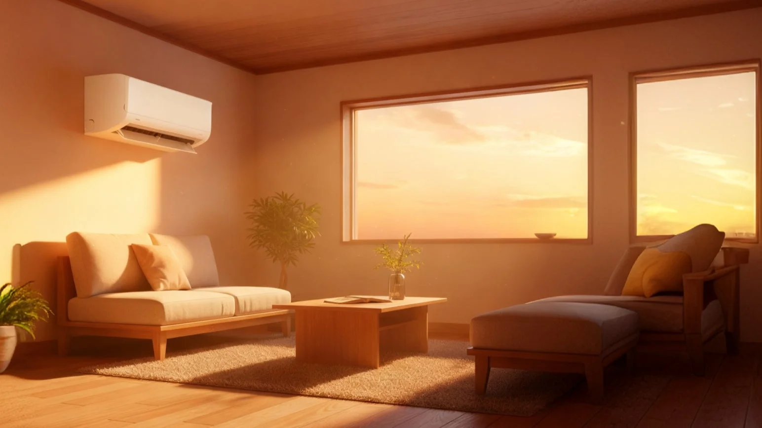 夕焼けの光が差し込むリビングルーム