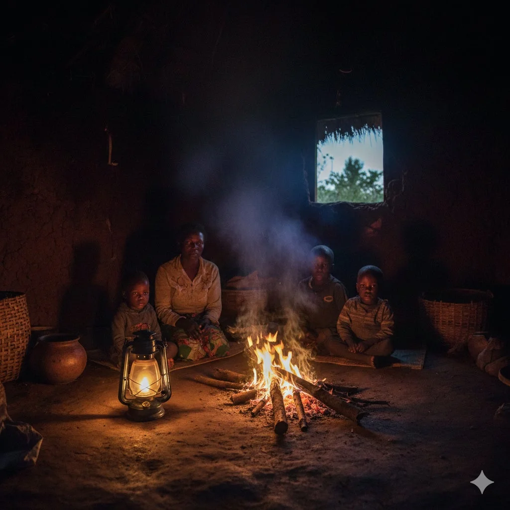 灯油ランプの明かりで過ごす家族