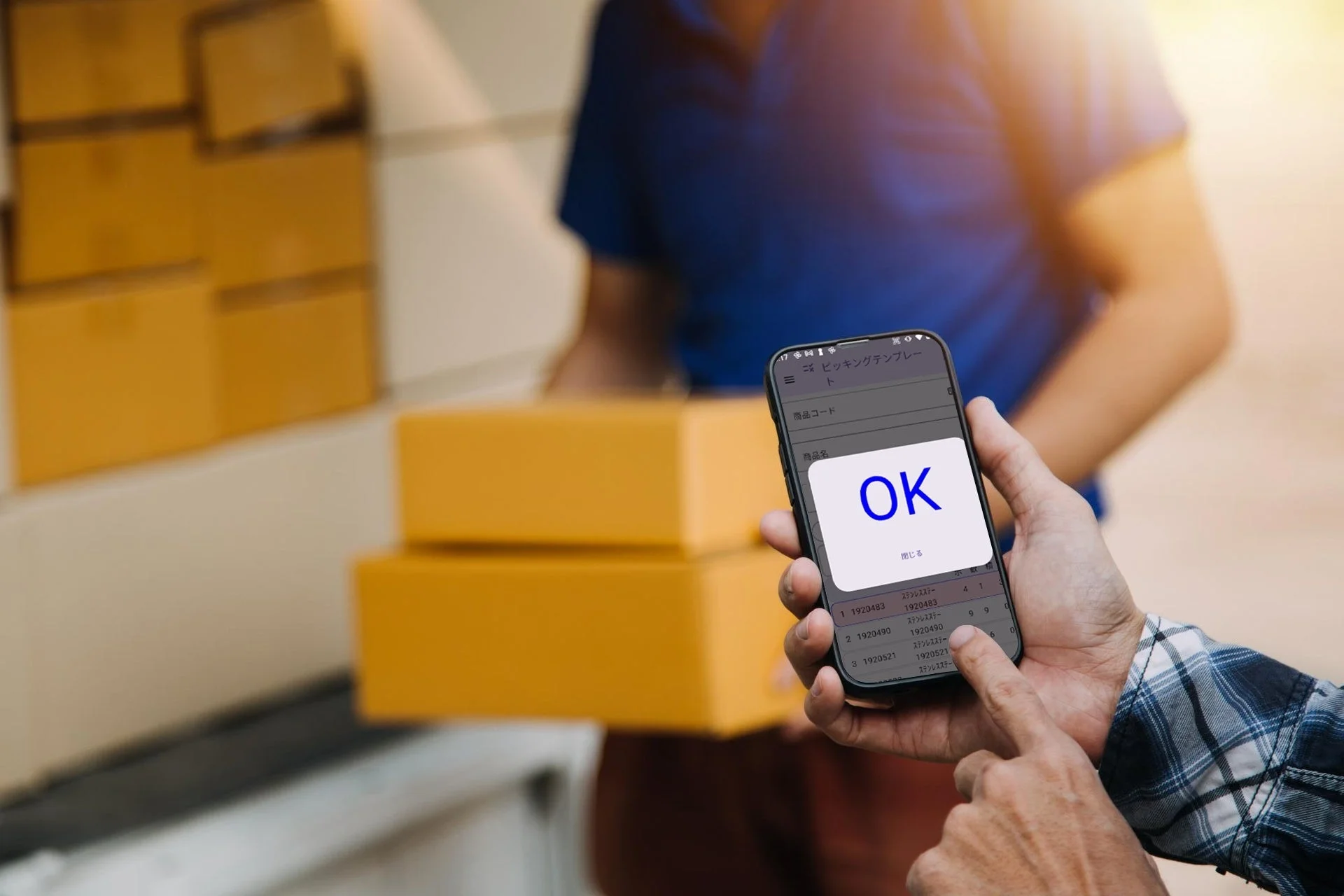 スマートフォンで在庫管理アプリを使用し、「OK」と表示された画面を操作している様子。背景には段ボール箱が積まれており、物流や倉庫での作業風景を示唆