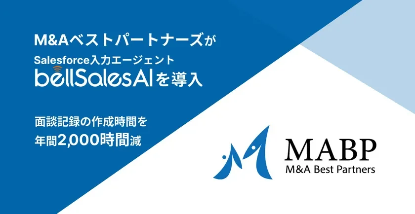 M&AベストパートナーズがSalesforce入力エージェントbellSalesAIを導入し、面談記録の作成時間を年間2,000時間削減したことを示す画像です。