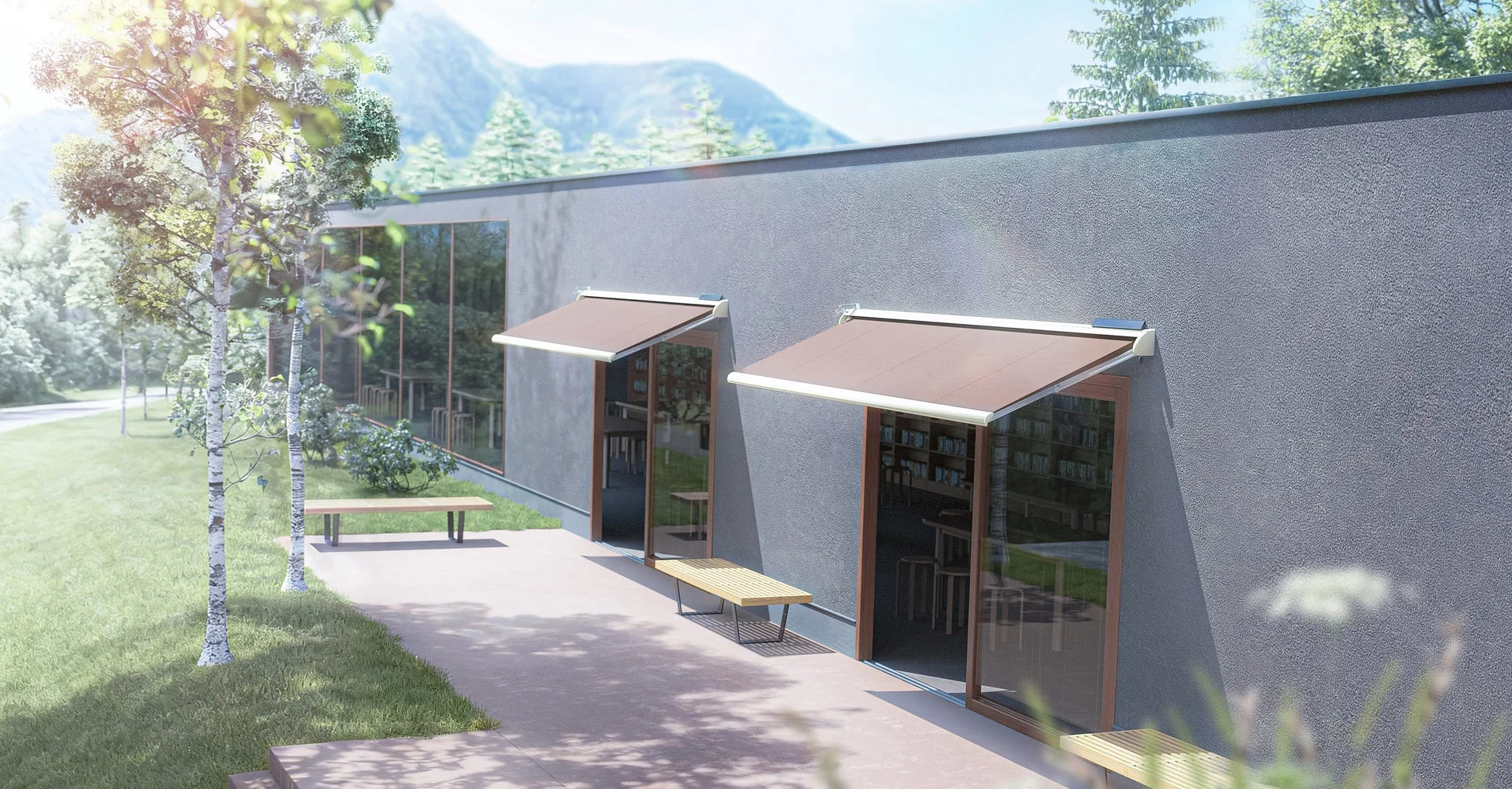 山々を背景にしたモダンな建物とオーニング