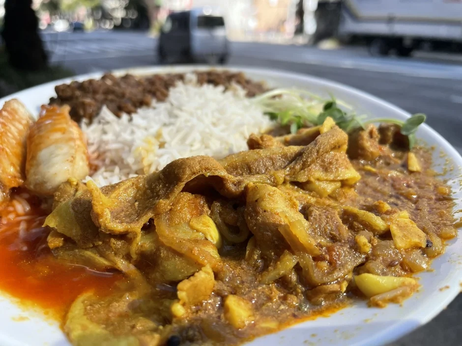 屋外で提供されたと思われる、スパイスの効いたカレーとご飯のプレート料理。肉や野菜が煮込まれており、食欲をそそる一品です。