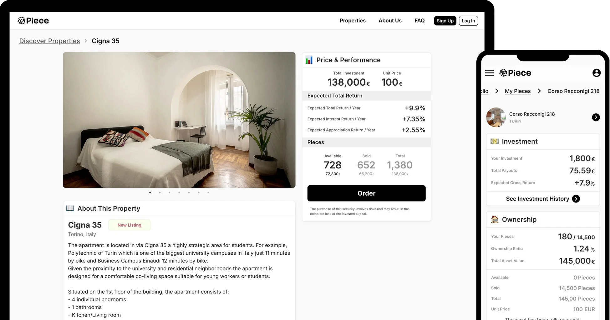 不動産投資プラットフォーム「Piece」のデスクトップ版とモバイル版のインターフェース。物件詳細