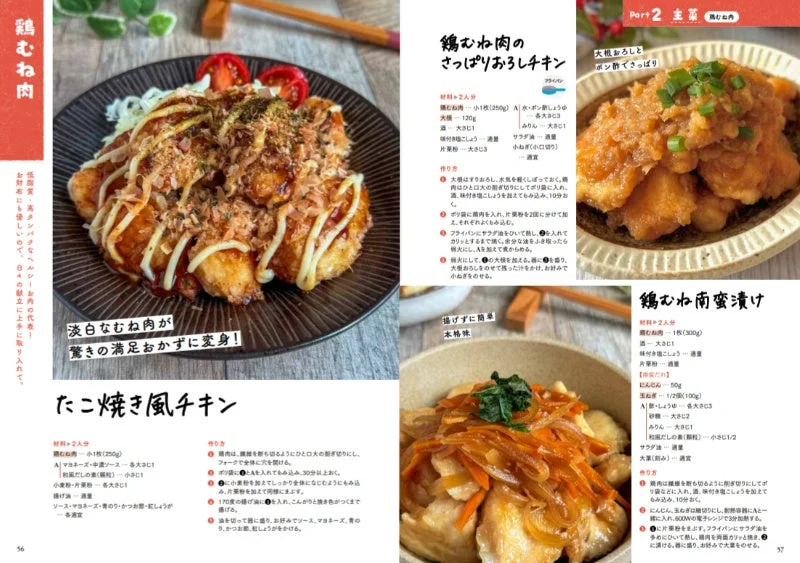 鶏むね肉を使った「たこ焼き風チキン」「さっぱりおろしチキン」「鶏むね南蛮漬け」のレシピページ
