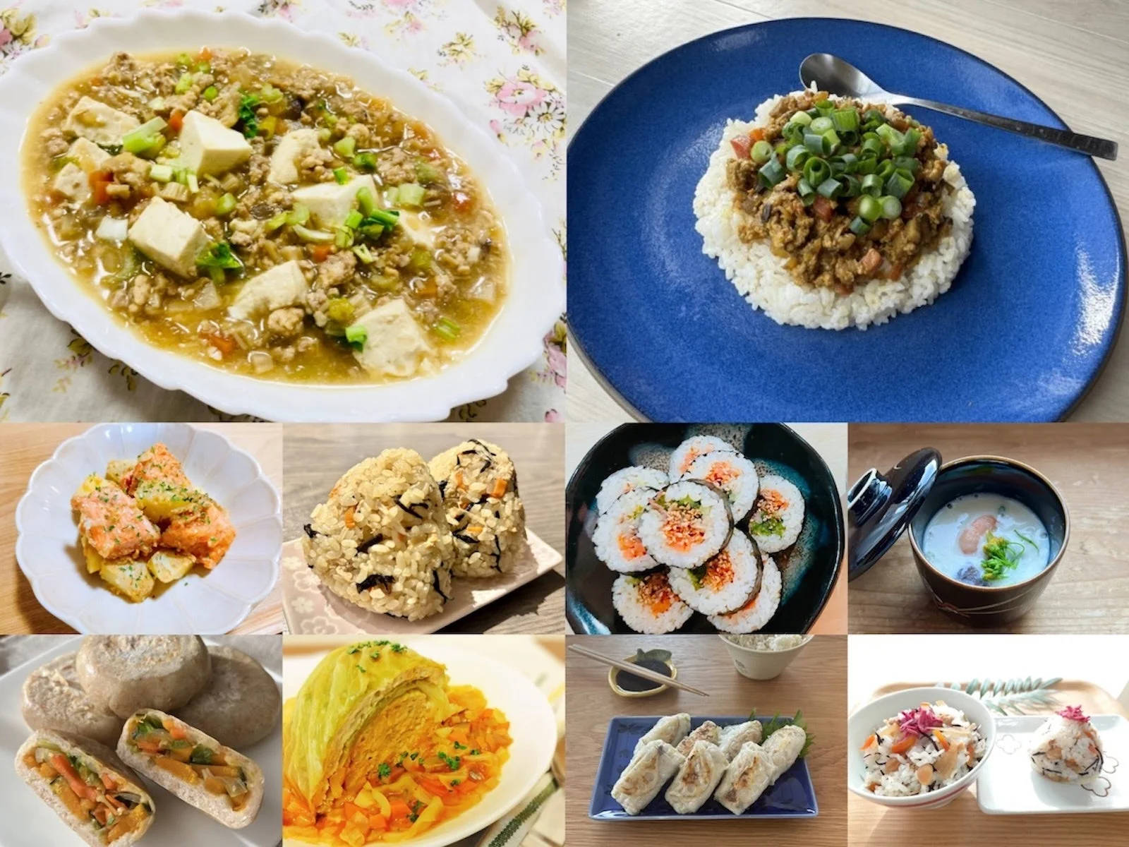 様々な種類の和食やアジア料理が並べられたコラージュ画像