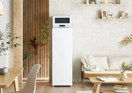 電子レンジが置かれた白い冷凍庫