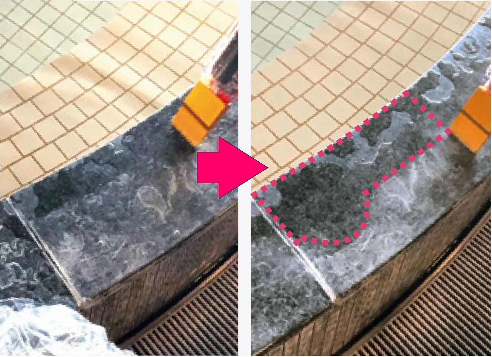 床の汚れ清掃前後の比較