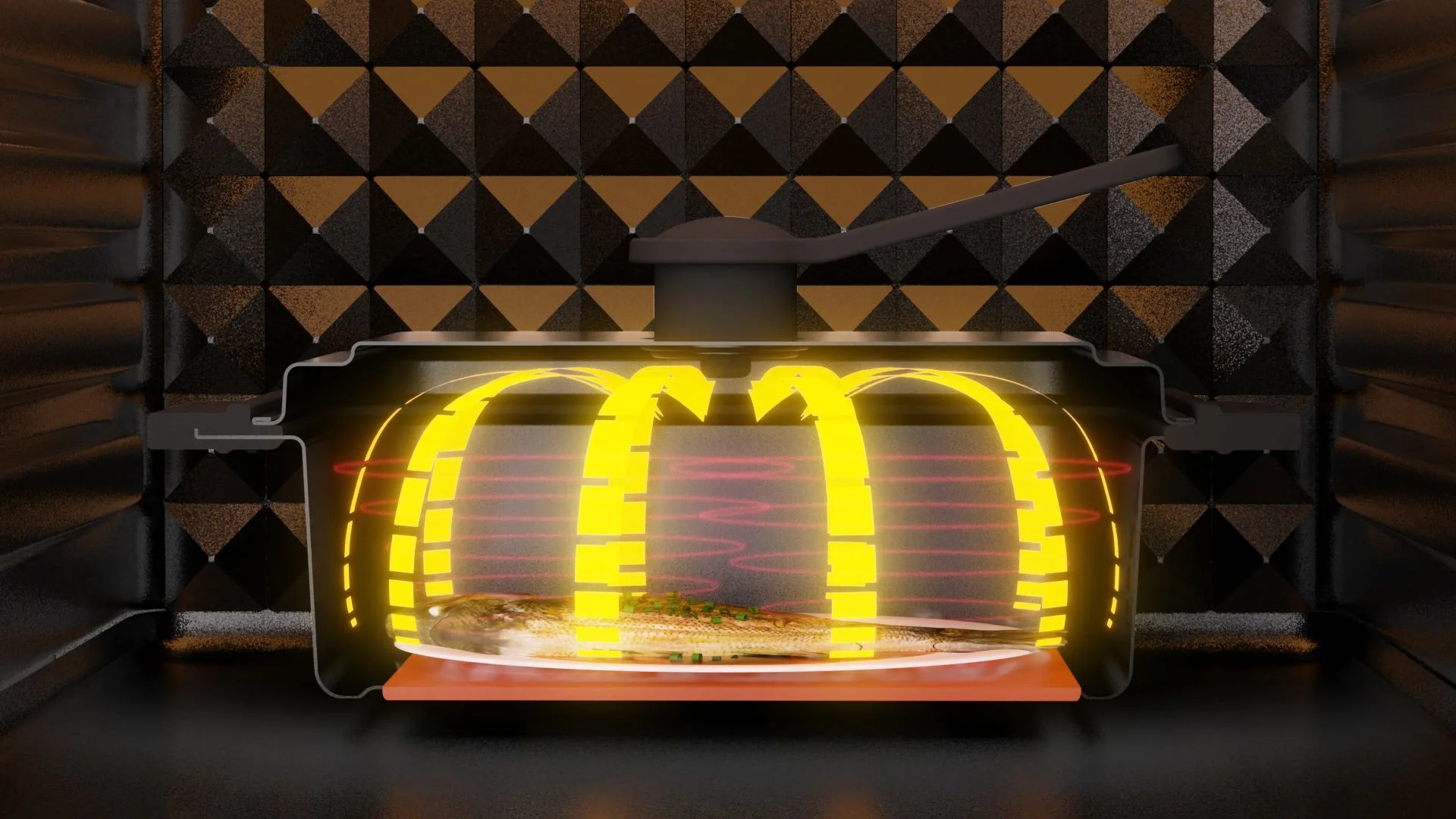 電子レンジ内で魚が加熱されているイメージ