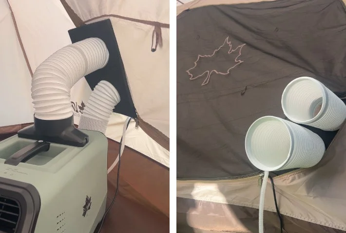 テント内にポータブルエアコンが設置され、排気ダクトがテントの開口部から外に出されています。