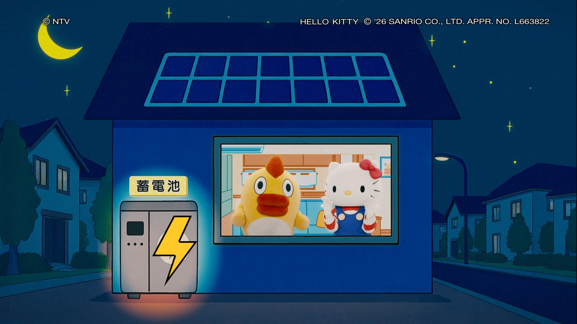 ソーラーパネルと蓄電池を備えた家とハローキティ、キャラクター