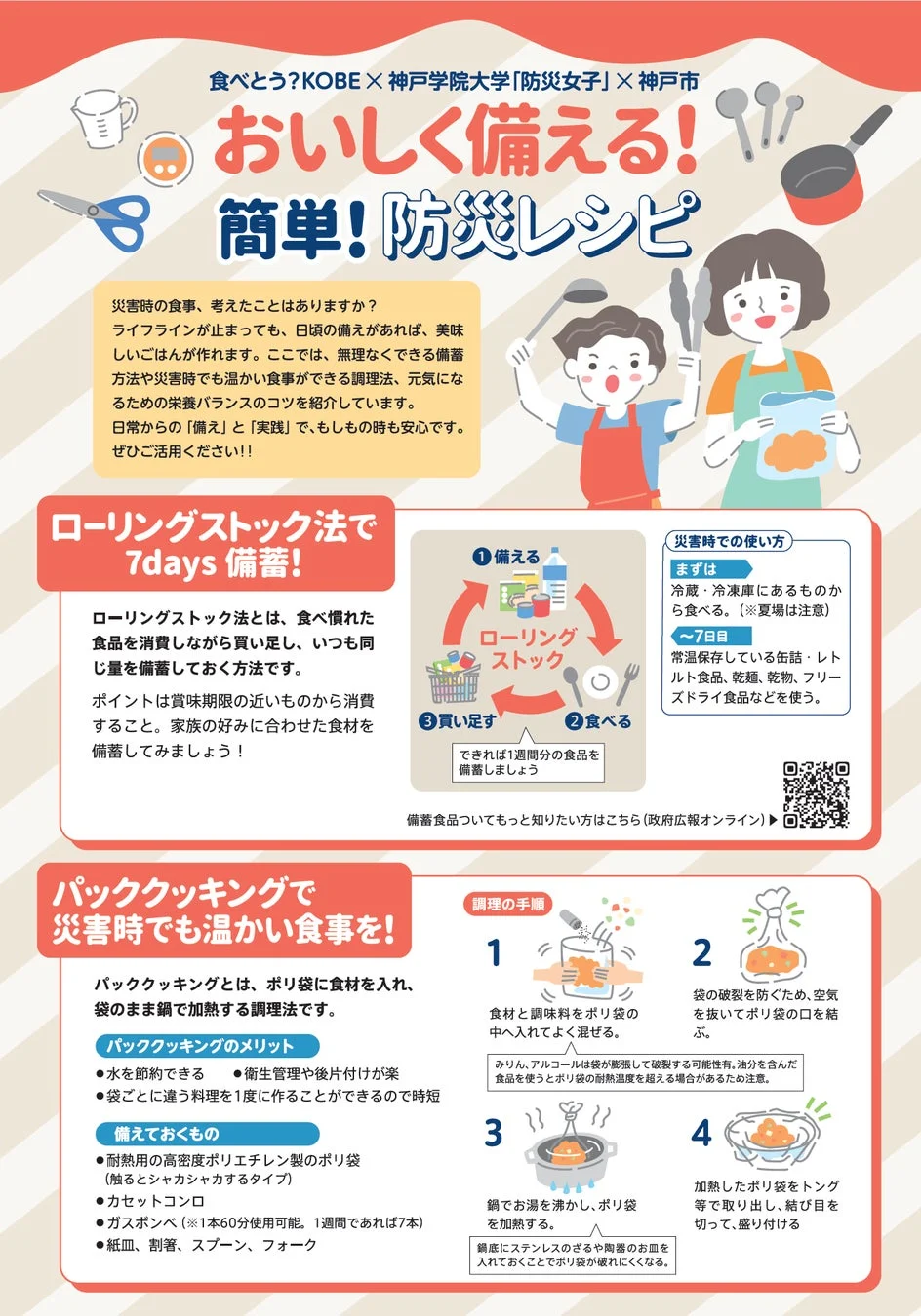 レシピ集の紹介ページ。ローリングストック、パッククッキングの説明