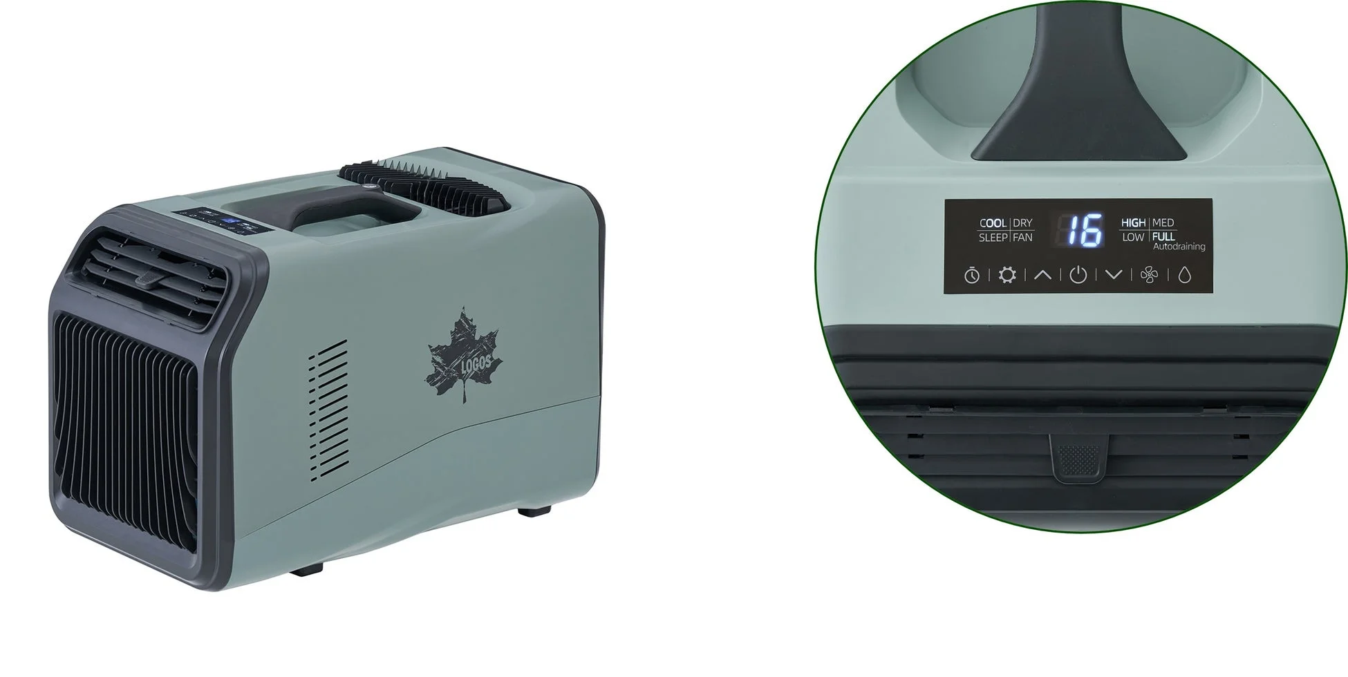 LOGOSブランドのポータブルエアコンが写っており、デジタルディスプレイには温度「16」や「COOL」「DRY」「FAN」などの運転モードが表示されています。