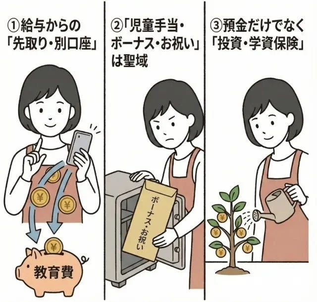 給与からの「先取り・別口座」 教育費、「児童手当・ボーナス・お祝い」は聖域、「預金だけでなく「投資・学資保険」