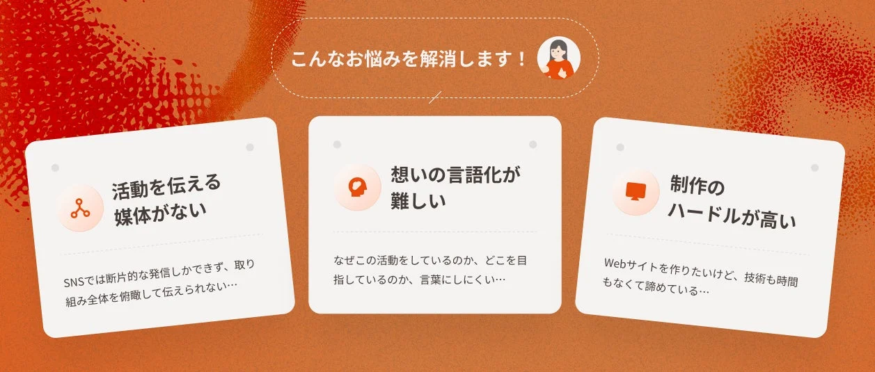 活動を伝える媒体がない、想いの言語化が難しい、制作のハードルが高いといった悩みを解決