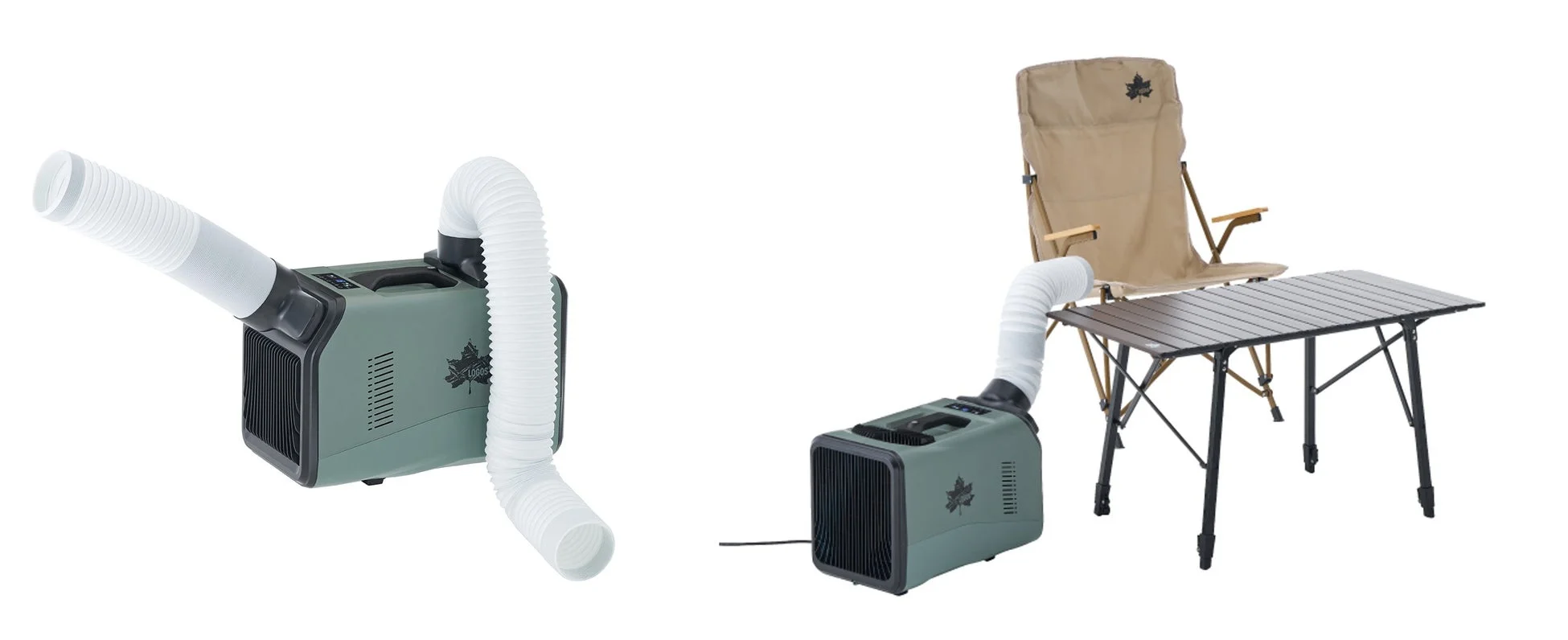 ポータブルクーラーとキャンプ用の椅子、テーブルが並べられた画像です。