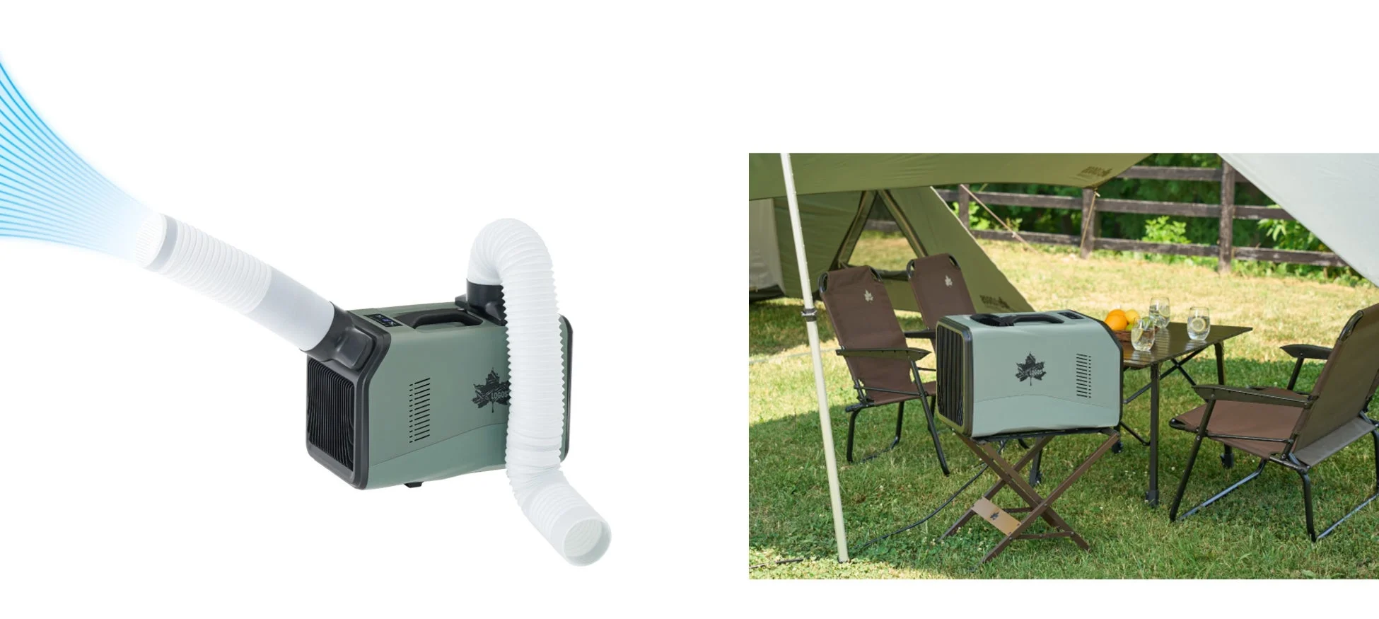 ロゴスのポータブルエアコンが、屋外のキャンプやピクニックのようなシーンで使用されている様子を示しています。