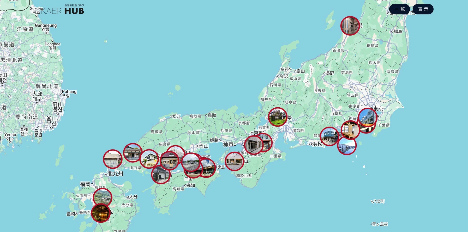 日本と韓国の地図上に多数の地点が示されており、それぞれの場所には建物や風景の小さな画像が表示されている
