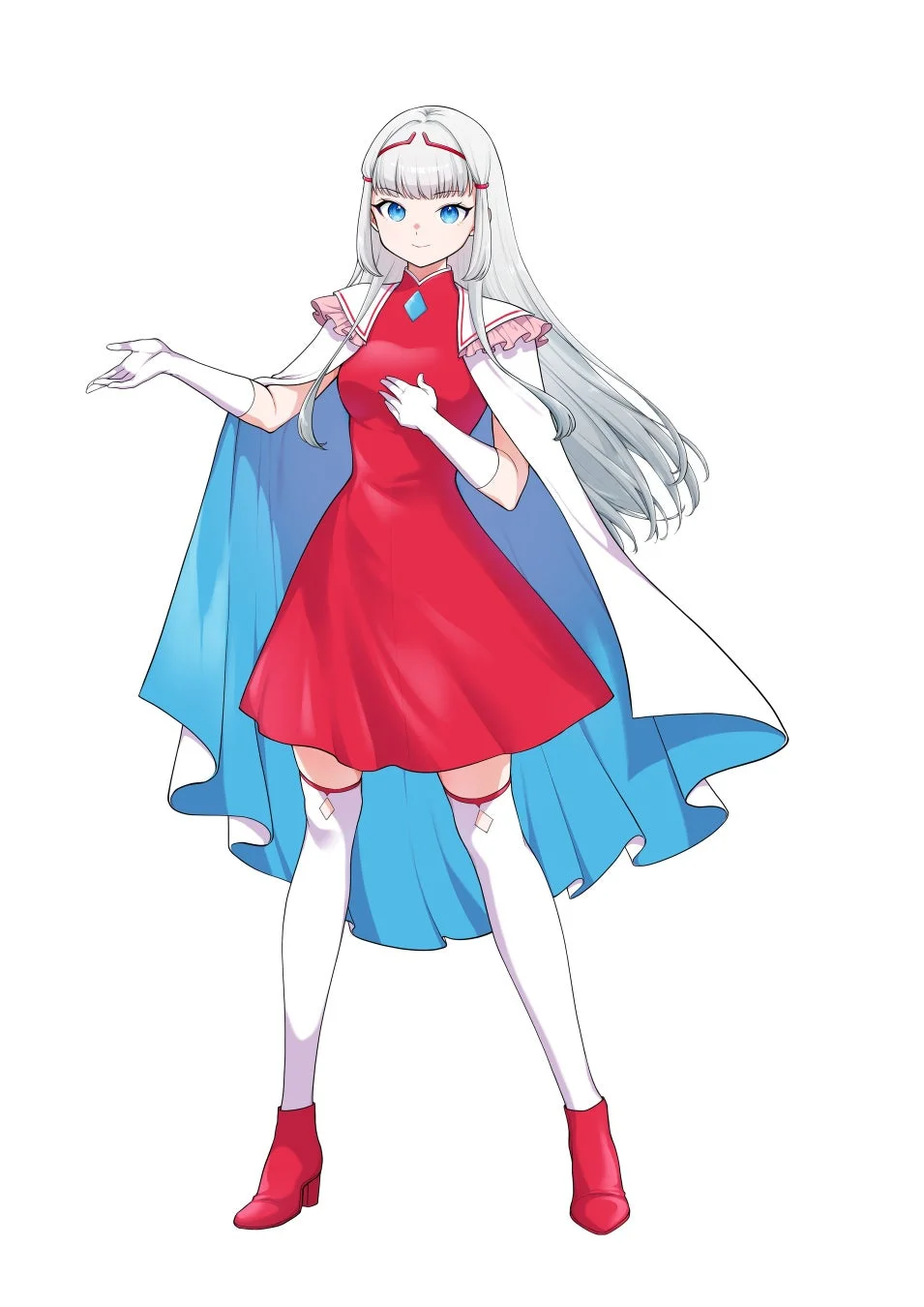 アニメ,キャラクター,少女,女性,白髪,銀髪,青い瞳,赤いドレス,ケープ,マント,手袋,ストッキング,ブーツ,笑顔,全身,立ち絵,ファンタジー風