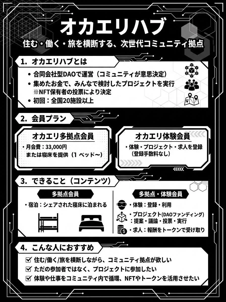 オカエリハブの住む・働く・旅を横断する説明図