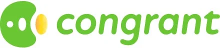 Congrantという名称のロゴマークです。緑色を基調とし、抽象的な図形とオレンジ色の楕円、そしてテキストで構成されています。
