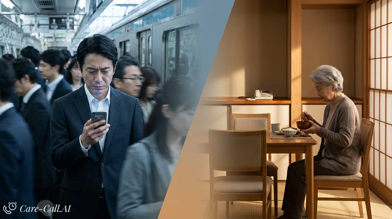 通勤中のビジネスマンと一人で食事をする高齢女性