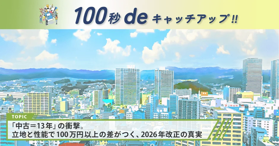 都市の風景を背景に「中古=13年」というテーマと、立地と性能が2026年改正で100万円以上の差を生む真実について示唆する画像