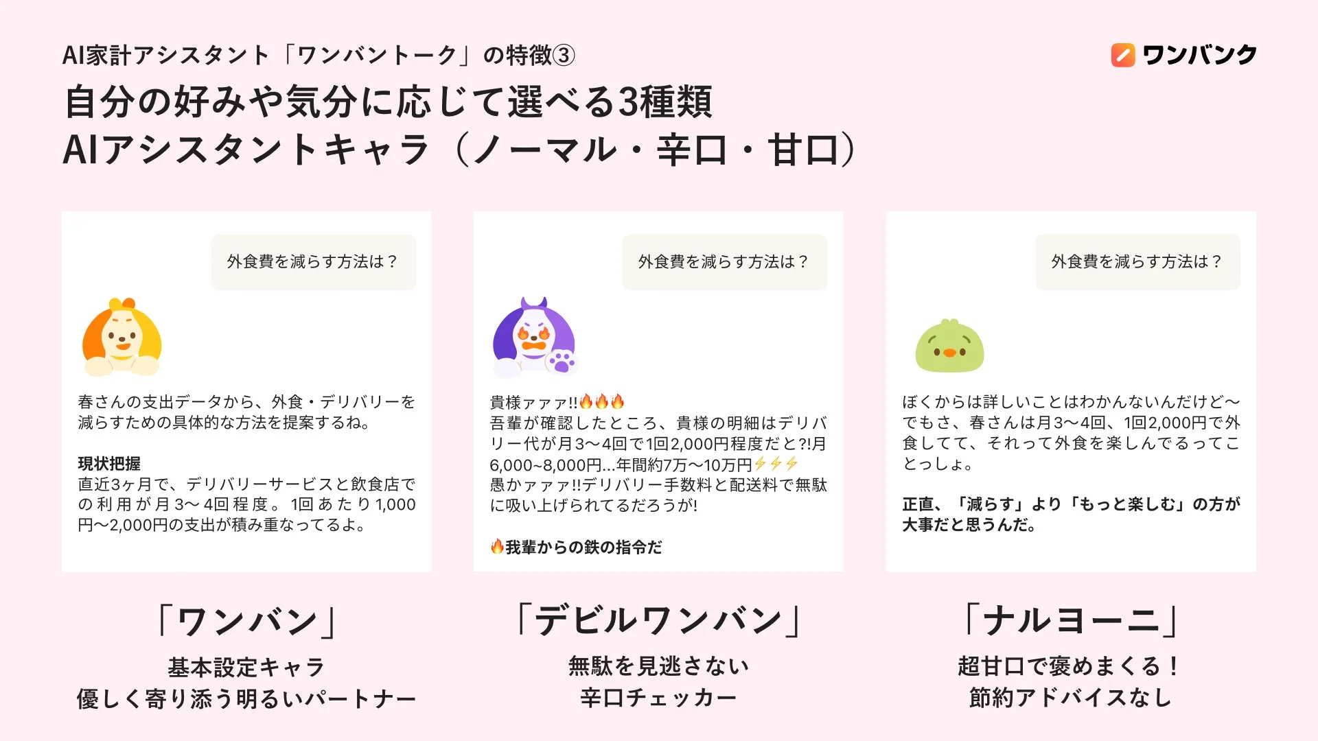 AI家計アシスタント「ワンバントーク」が提供する3種類のキャラクター
