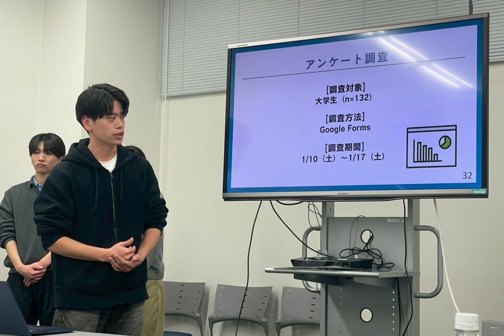 大学の教室で、若い男性がスクリーンに映し出されたアンケート調査の結果についてプレゼンテーションを行っている様子