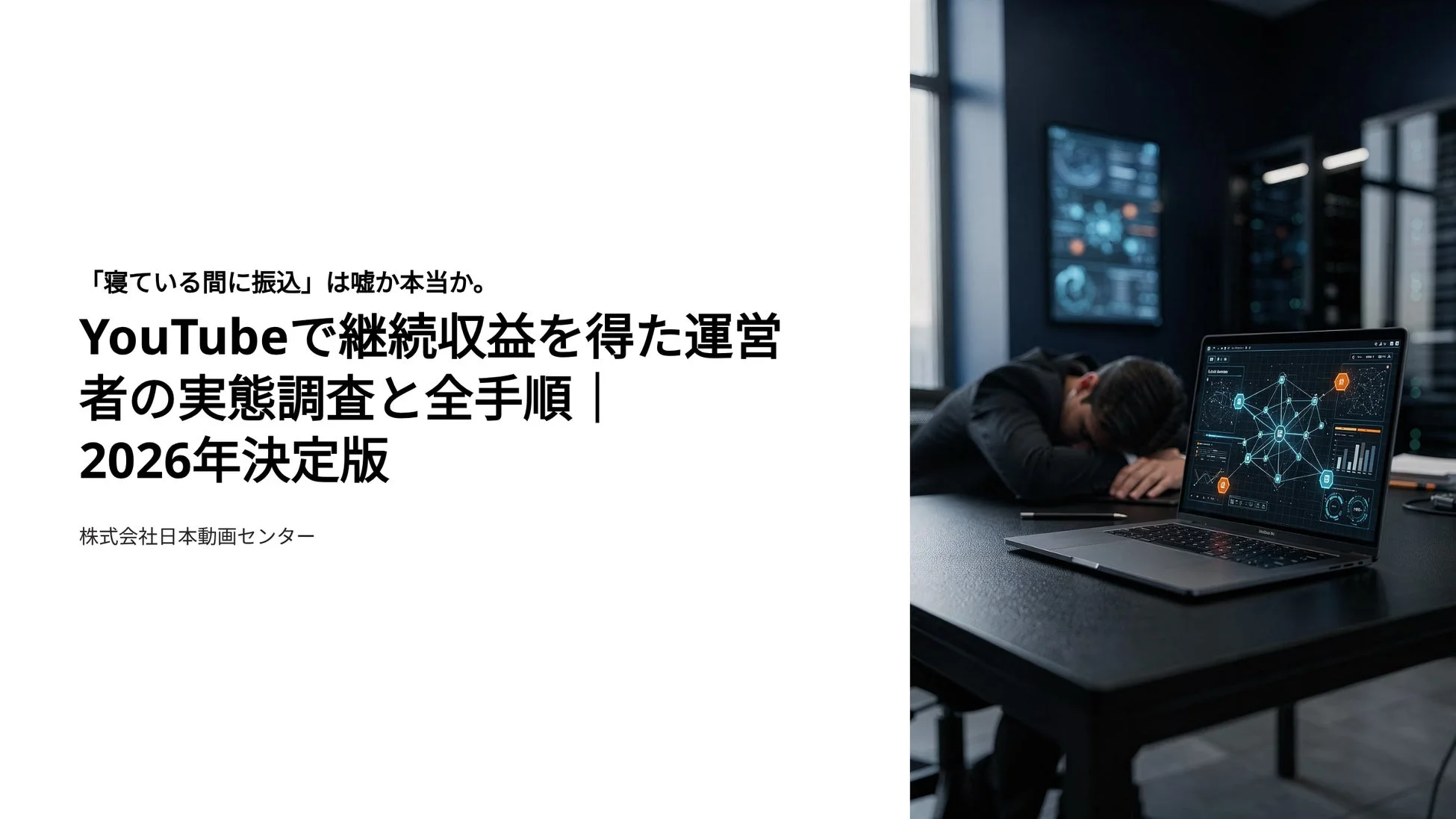 疲れて机に突っ伏して眠る人物と、データ分析画面を表示したノートPCが写っている画像