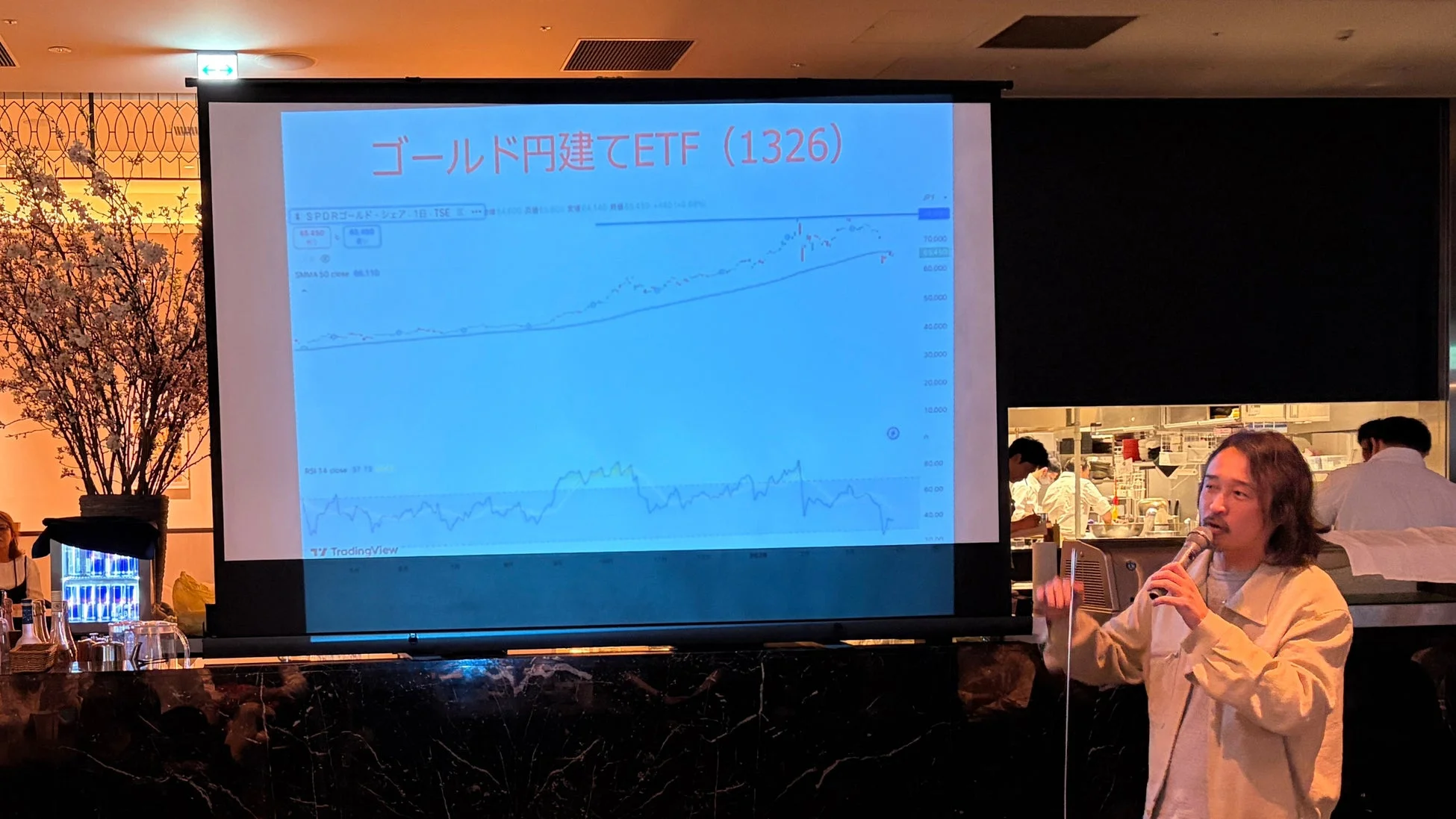 講演中の男性とチャート
