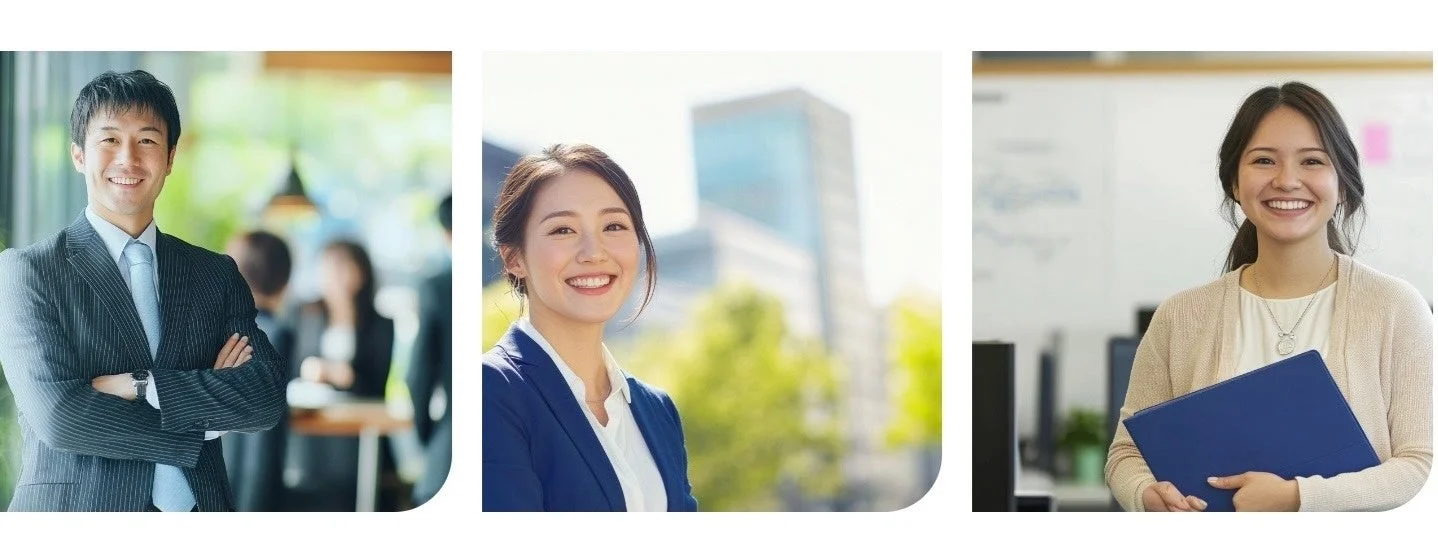 笑顔でポーズをとる3人のビジネスパーソンのポートレート写真です。